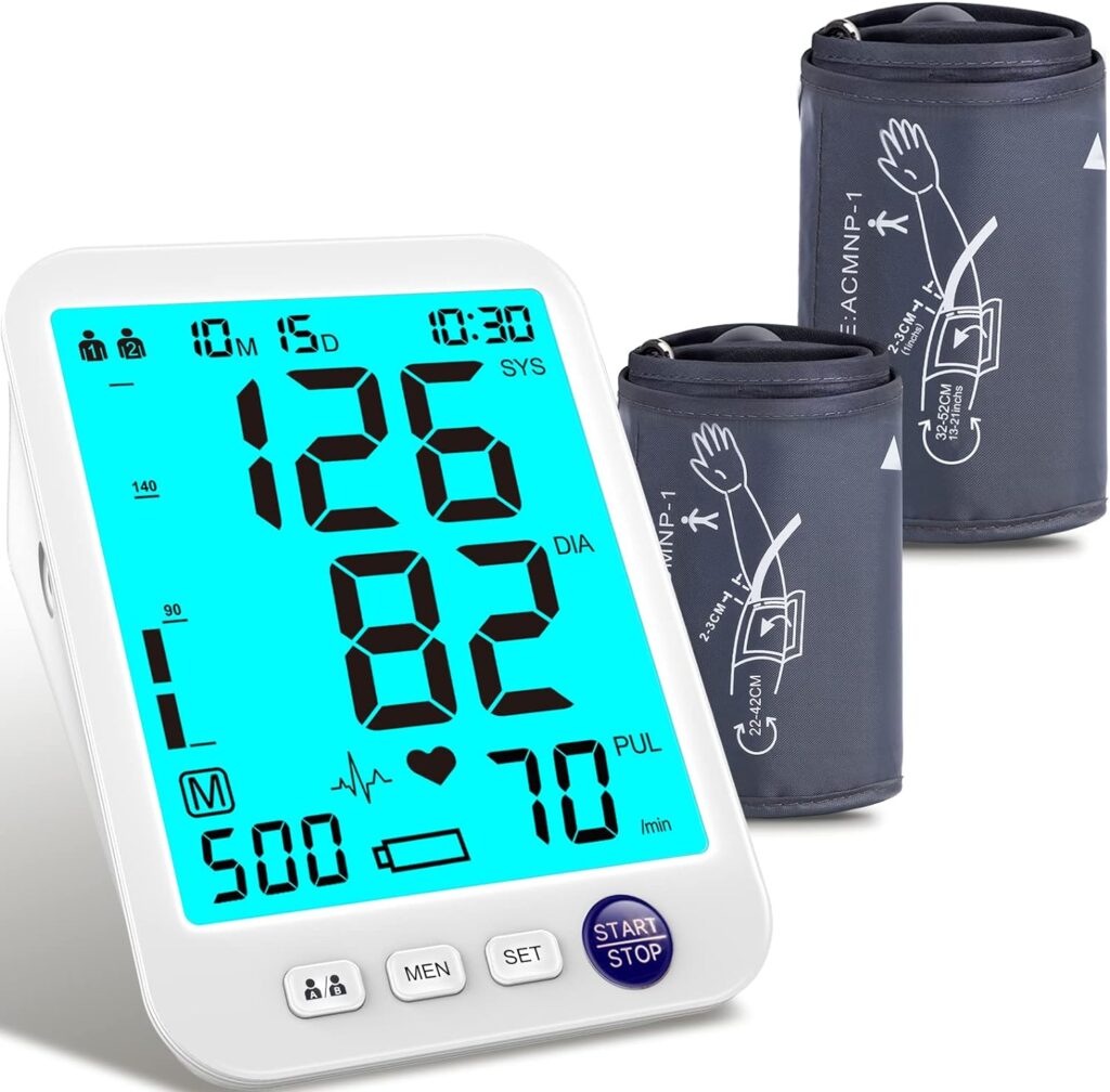 Blood Pressure Monitor Upper Arm Large LED Backlit Screen 1000 Sets Memory Automatic Digital BP Machine Adjustable BP Cuff