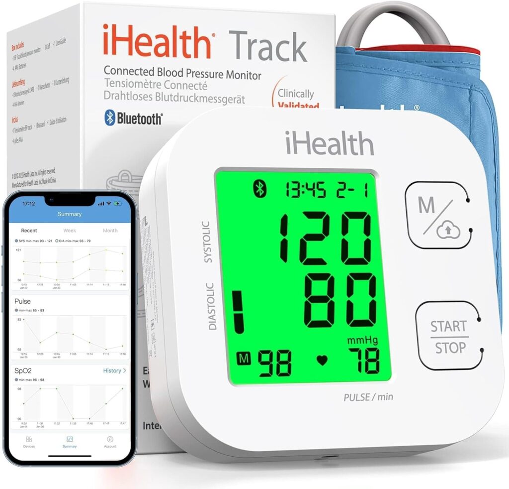 iHealth Track Smart Upper Arm Blood Pressure Monitor with Wide Range Cuff That fits Standard to Large Adult Arms, Bluetooth Compatible for iOS  Android Devices