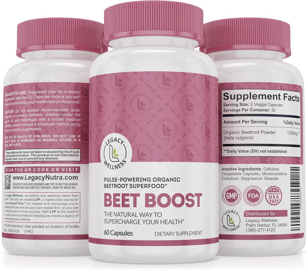 Legacy Wellness BEET BOOST Beet Root Capsules - Organic Beetroot Powder Supplements - Nitric Oxide Booster Beets Nitrate Supplement Supports Athletic Performance, Flow, Energy, Circulation  Digestion