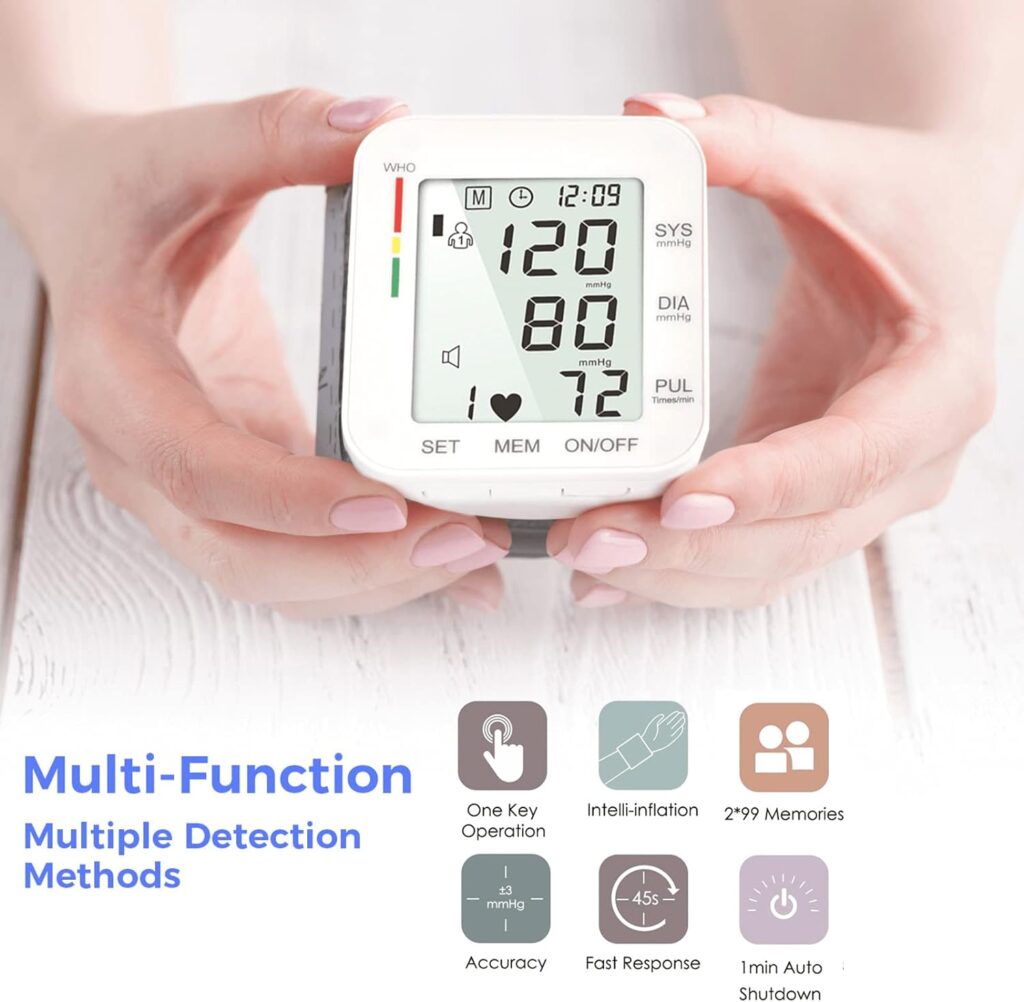 MMIZOO Wrist Blood Pressure Monitor Bp Monitor Large LCD Display Blood Pressure Machine Adjustable Wrist Cuff 5.31-7.68inch Automatic 99x2 Sets Memory with Carrying Case for Home Use (W1681)