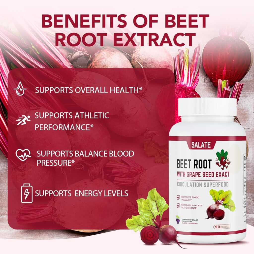 Salate Beet Root Capsules Plus with Grape Seed Extract- Nitric Oxide Production and Blood Pressure Support – Non-GMO Superfood Supplement - 90 Count