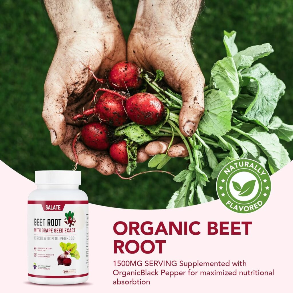 Salate Beet Root Capsules Plus with Grape Seed Extract- Nitric Oxide Production and Blood Pressure Support – Non-GMO Superfood Supplement - 90 Count